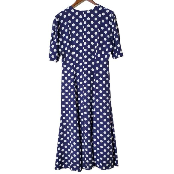 Vintage Express Polka Dot Dress 9/10 Blue White Button Front Rayon Midi Womens - Picture 4 of 11